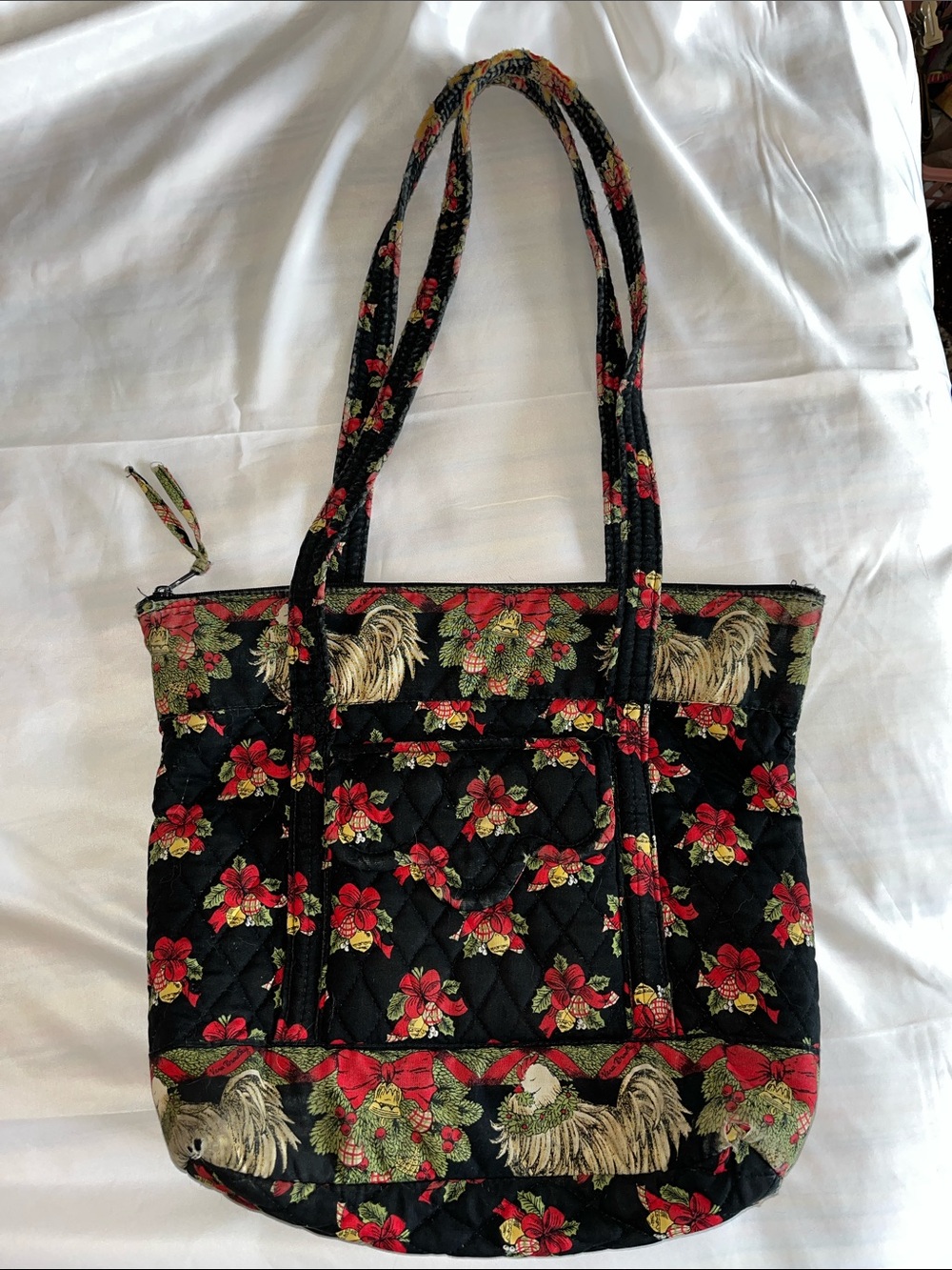 Vera Bradley Black Quilted Christmas Tote with Chickens and Red & Green Accents